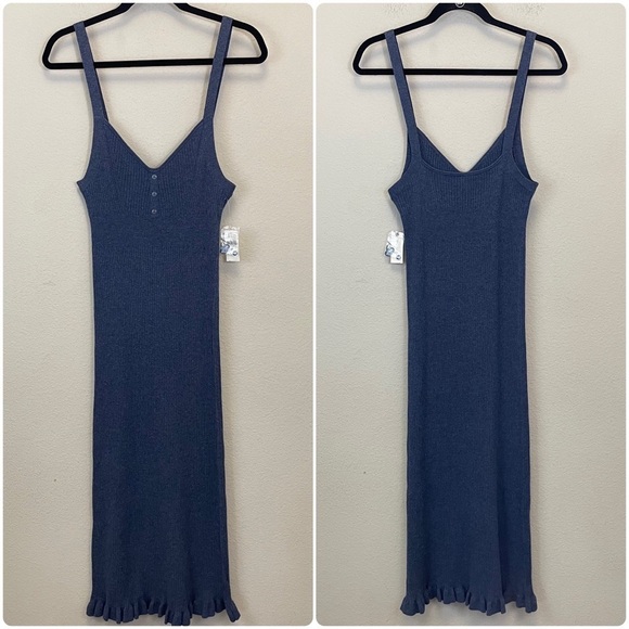 Anthropologie Daily Practice Blue Ribbed Ruffle Hem Slim Tank Dress Size L - Picture 2 of 12